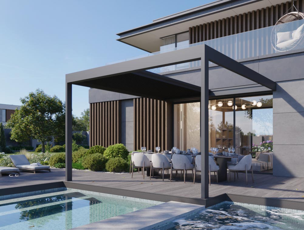 AirCube Open Pergola – Lamellendach Wandmontage